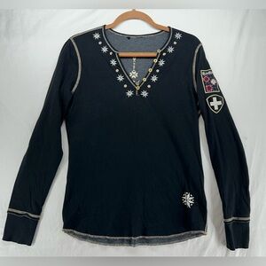 Alp n Rock Black Floral Embroidered Henley Patch Detail Womens Small
